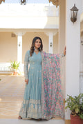 Sonakshi Women's Sky Blue Faux Georgette Sequins Zari Embroidered Anarkali Dress with Dupatta