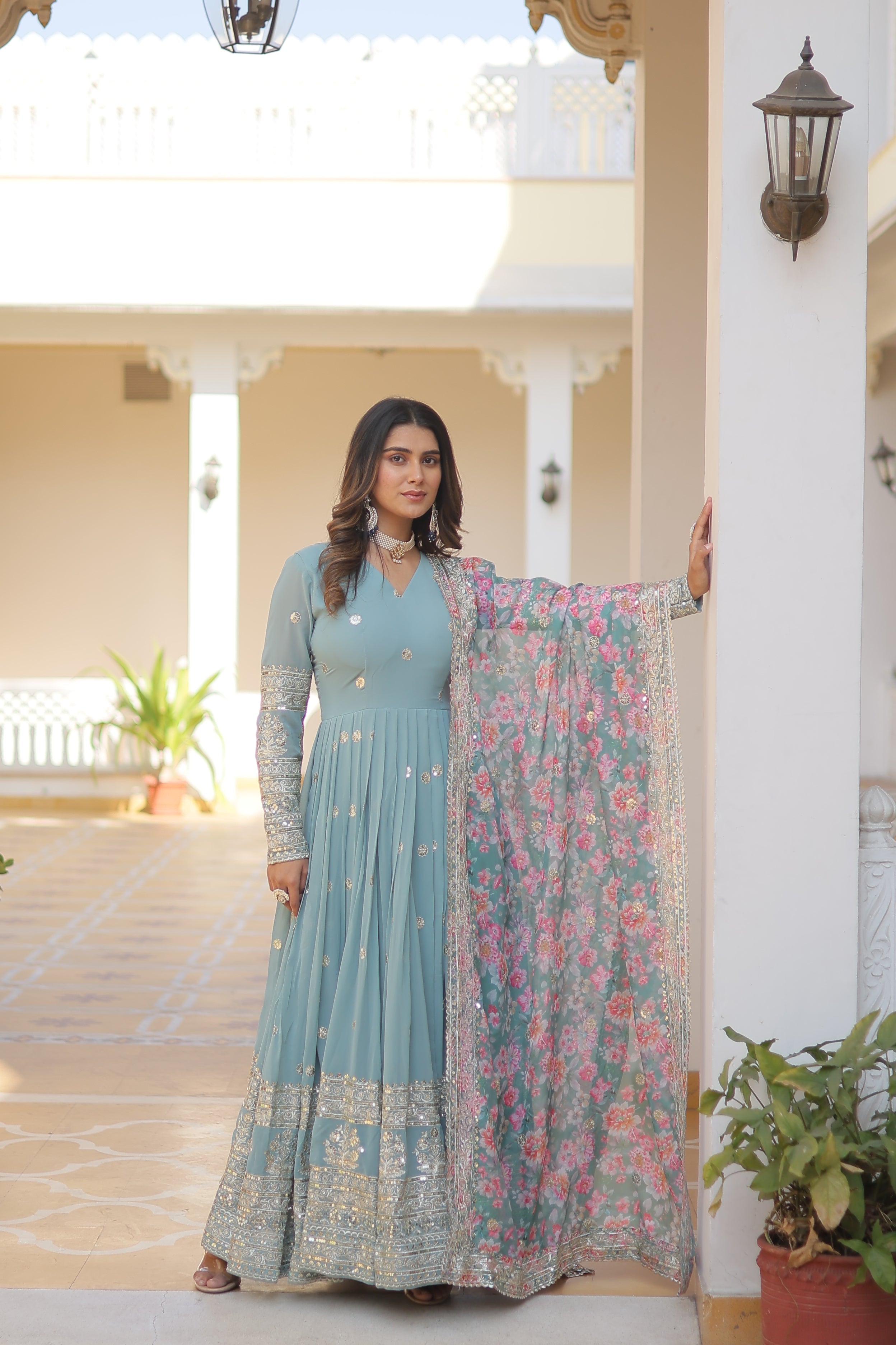 Sonakshi Women's Sky Blue Faux Georgette Sequins Zari Embroidered Anarkali Dress with Dupatta