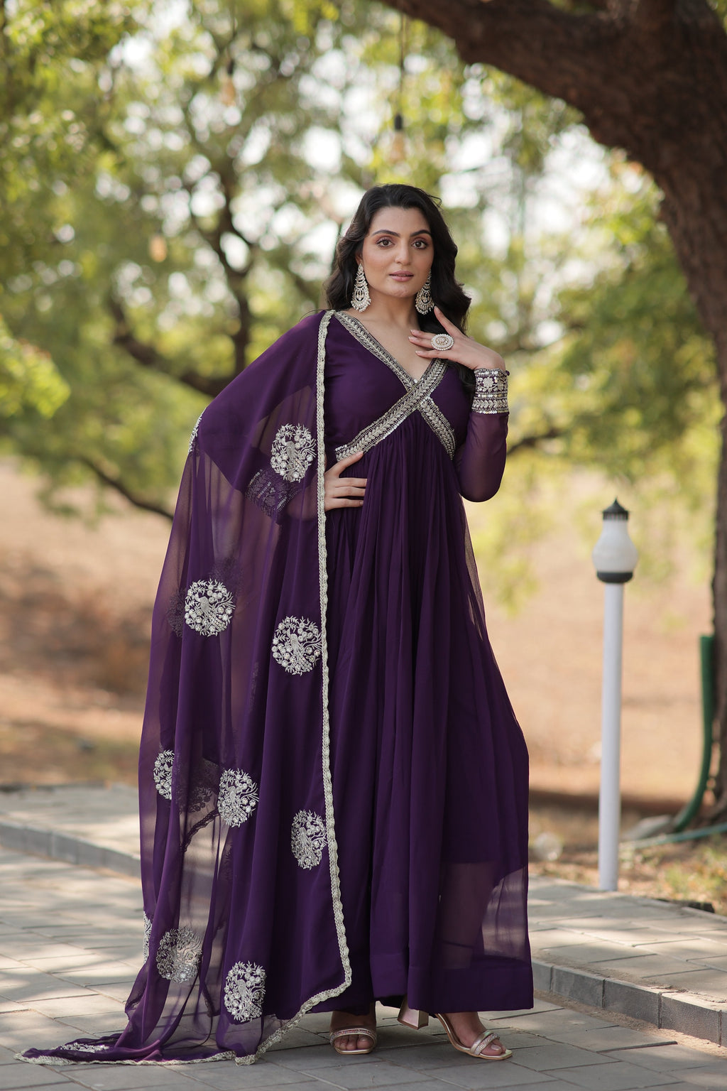 Sonakshi Women's Purple Faux Blooming Sequins Zari Embroidered Anarkali Dress with Dupatta