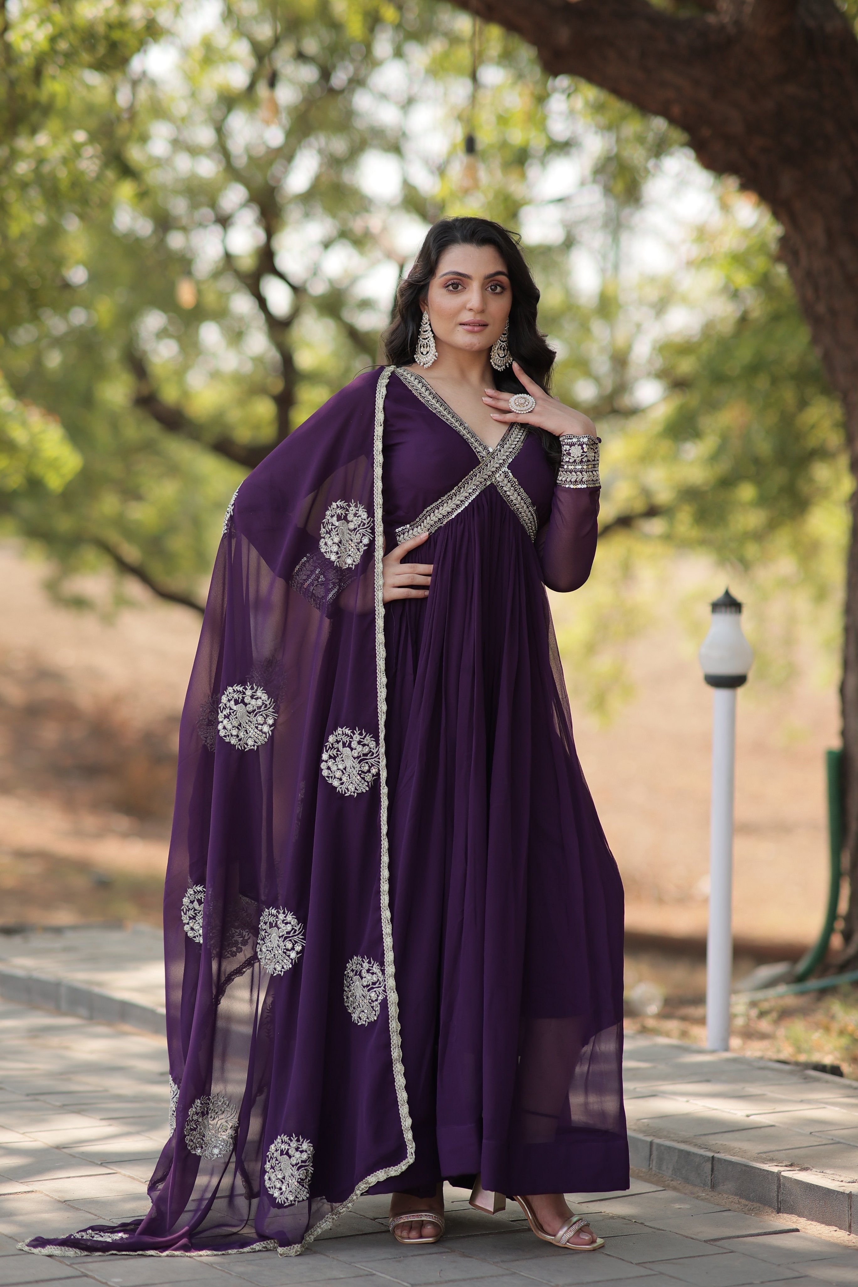Sonakshi Women's Purple Faux Blooming Sequins Zari Embroidered Anarkali Dress with Dupatta