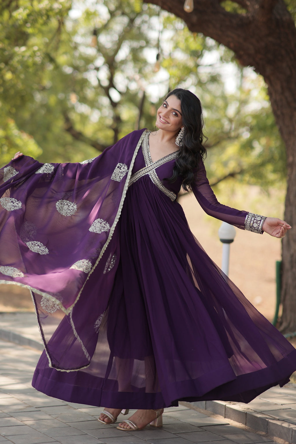 Sonakshi Women's Purple Faux Blooming Sequins Zari Embroidered Anarkali Dress with Dupatta