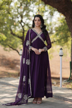 Sonakshi Women's Purple Faux Blooming Sequins Zari Embroidered Anarkali Dress with Dupatta