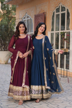 Jyoti Fashion Women's Blue & Wine Faux Blooming Sequins Zari Embroidered Combo Anarkali Sets