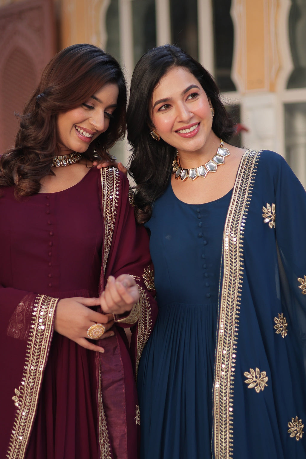 Jyoti Fashion Women's Blue & Wine Faux Blooming Sequins Zari Embroidered Combo Anarkali Sets