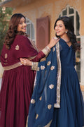 Jyoti Fashion Women's Blue & Wine Faux Blooming Sequins Zari Embroidered Combo Anarkali Sets