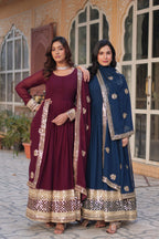 Jyoti Fashion Women's Blue & Wine Faux Blooming Sequins Zari Embroidered Combo Anarkali Sets
