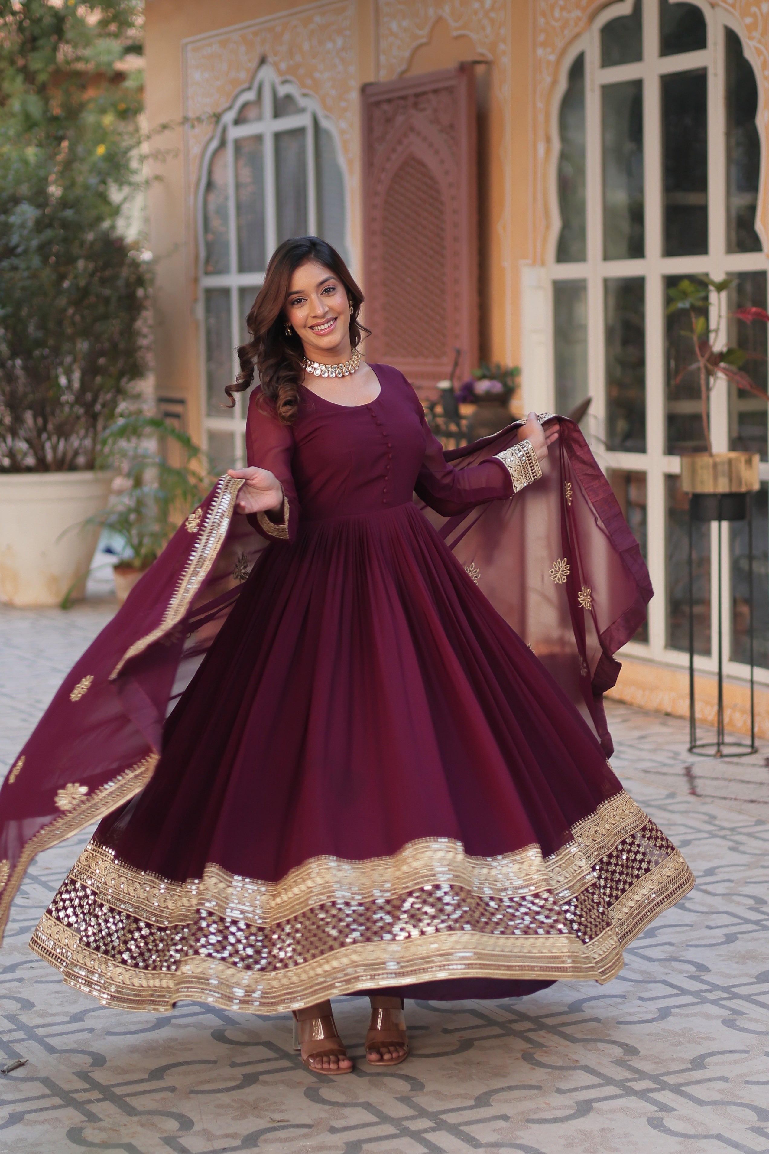 Jyoti Fashion Women's Wine Faux Blooming Sequins Zari Embroidered Long Anarkali Sets