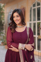 Jyoti Fashion Women's Wine Faux Blooming Sequins Zari Embroidered Long Anarkali Sets