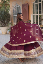 Jyoti Fashion Women's Wine Faux Blooming Sequins Zari Embroidered Long Anarkali Sets