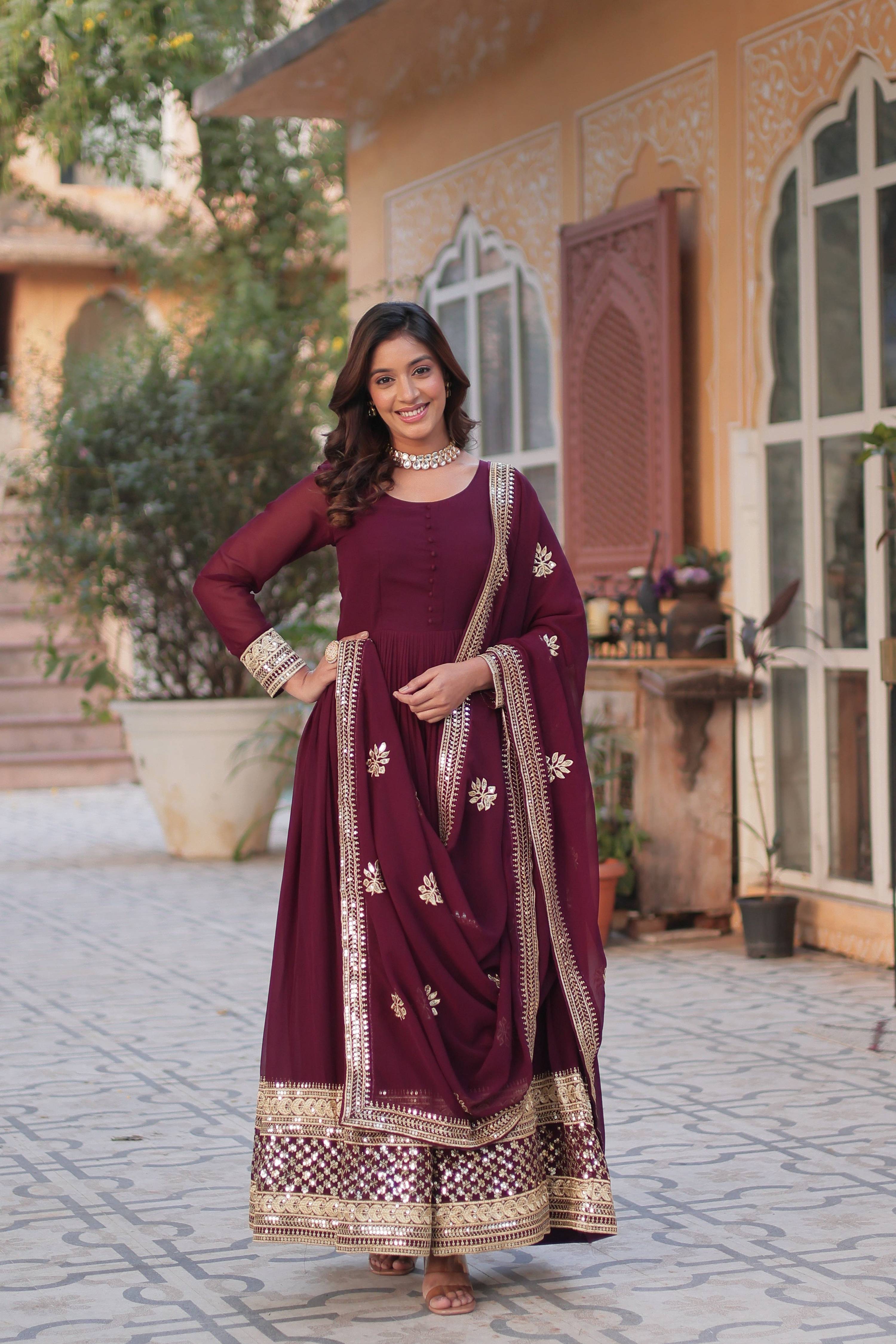 Jyoti Fashion Women's Wine Faux Blooming Sequins Zari Embroidered Long Anarkali Sets