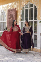 Sonakshi Women's Maroon & Wine Faux Blooming Sequins Zari Embroidered Combo Anarkali Sets