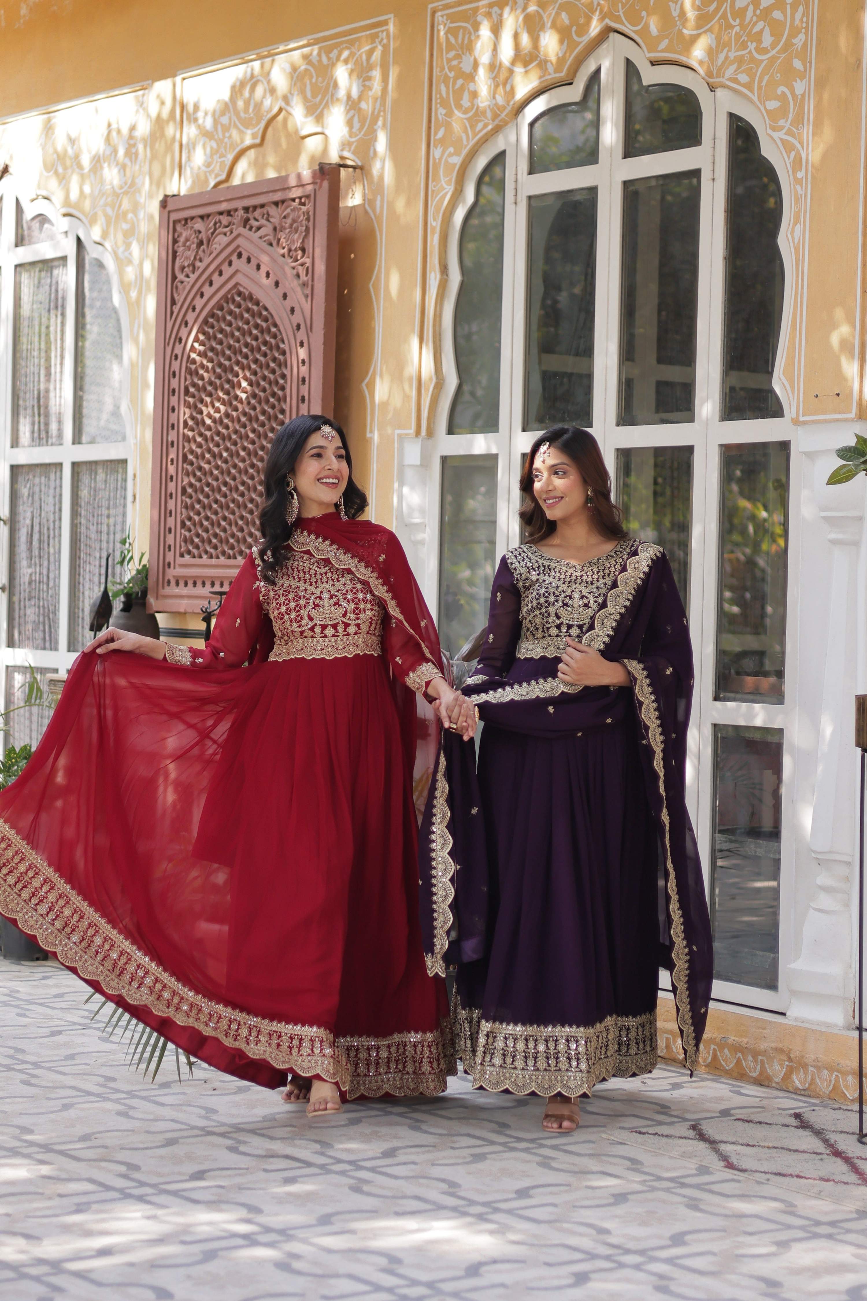 Sonakshi Women's Maroon & Wine Faux Blooming Sequins Zari Embroidered Combo Anarkali Sets