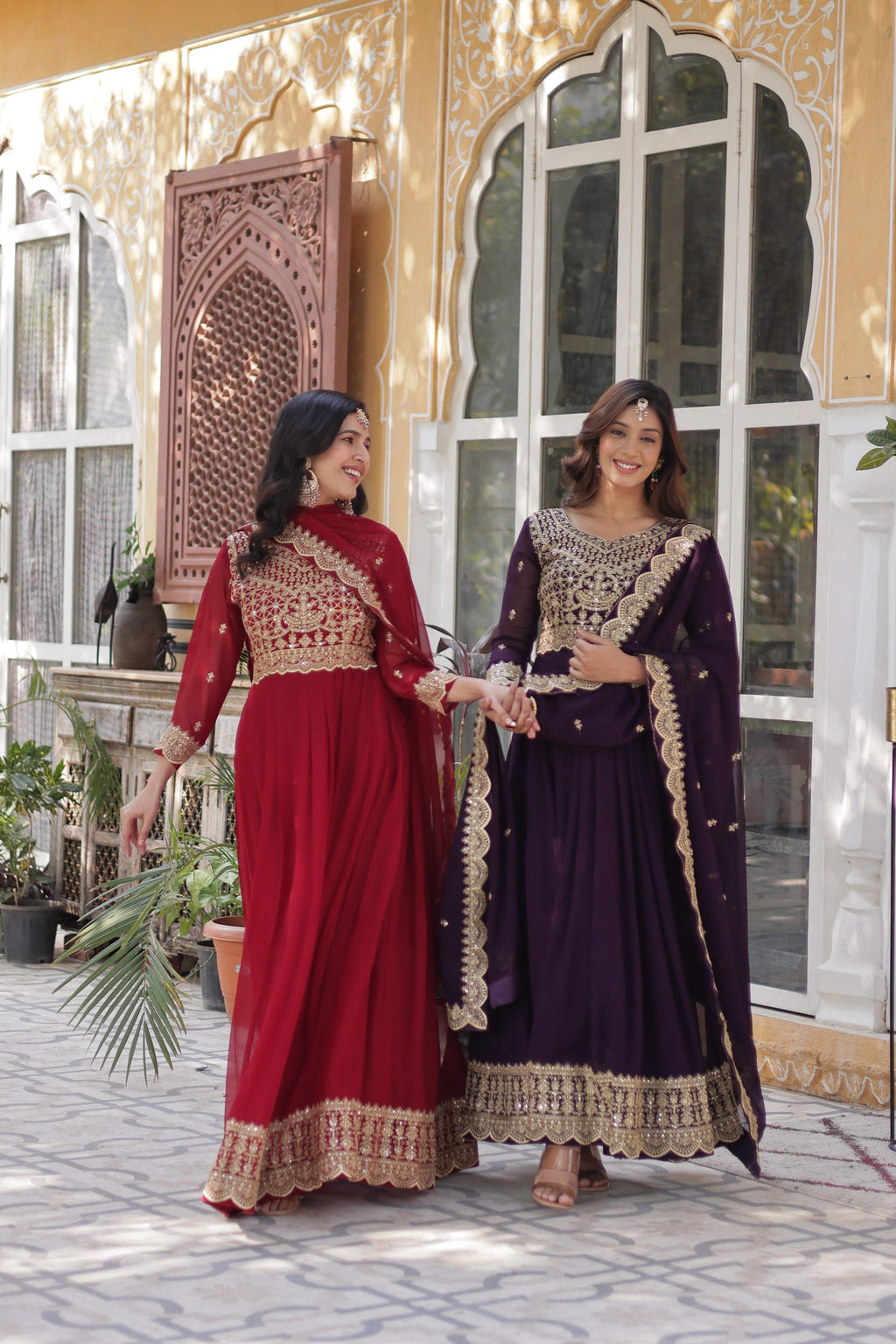 Sonakshi Women's Maroon & Wine Faux Blooming Sequins Zari Embroidered Combo Anarkali Sets