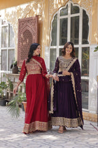 Sonakshi Women's Maroon & Wine Faux Blooming Sequins Zari Embroidered Combo Anarkali Sets