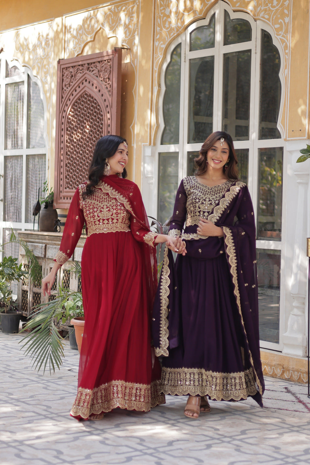 Jyoti Fashion Women's Maroon & Wine Faux Blooming Sequins Zari Embroidered Combo Anarkali Sets