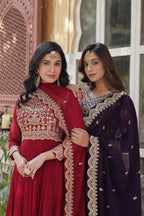 Sonakshi Women's Maroon & Wine Faux Blooming Sequins Zari Embroidered Combo Anarkali Sets