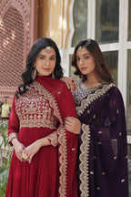 Jyoti Fashion Women's Maroon & Wine Faux Blooming Sequins Zari Embroidered Combo Anarkali Sets