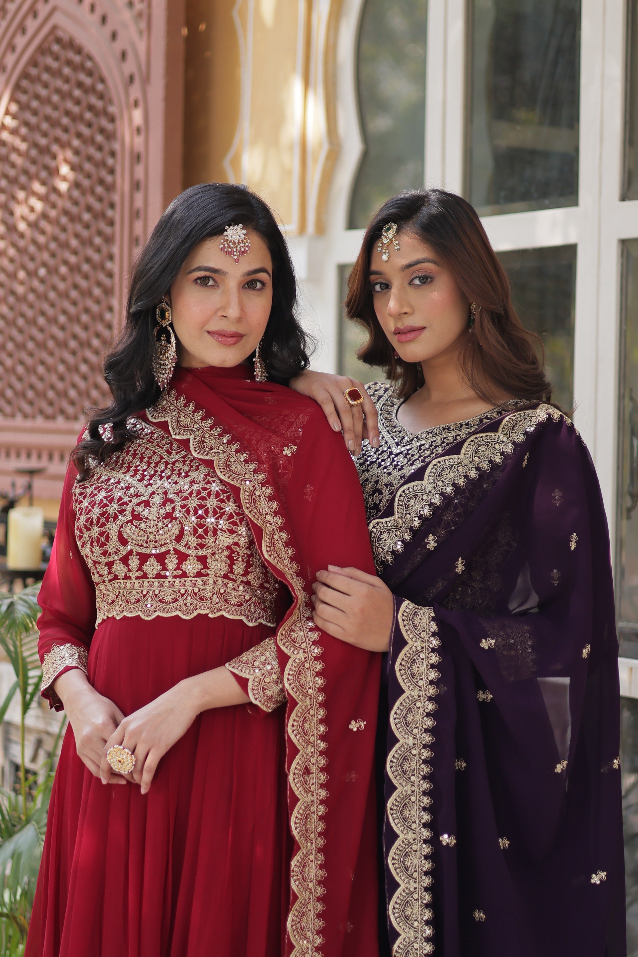 Jyoti Fashion Women's Maroon & Wine Faux Blooming Sequins Zari Embroidered Combo Anarkali Sets