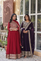 Sonakshi Women's Maroon & Wine Faux Blooming Sequins Zari Embroidered Combo Anarkali Sets