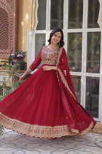 Sonakshi Women's Maroon Faux Blooming Sequins Zari Embroidered Long Anarkali Sets