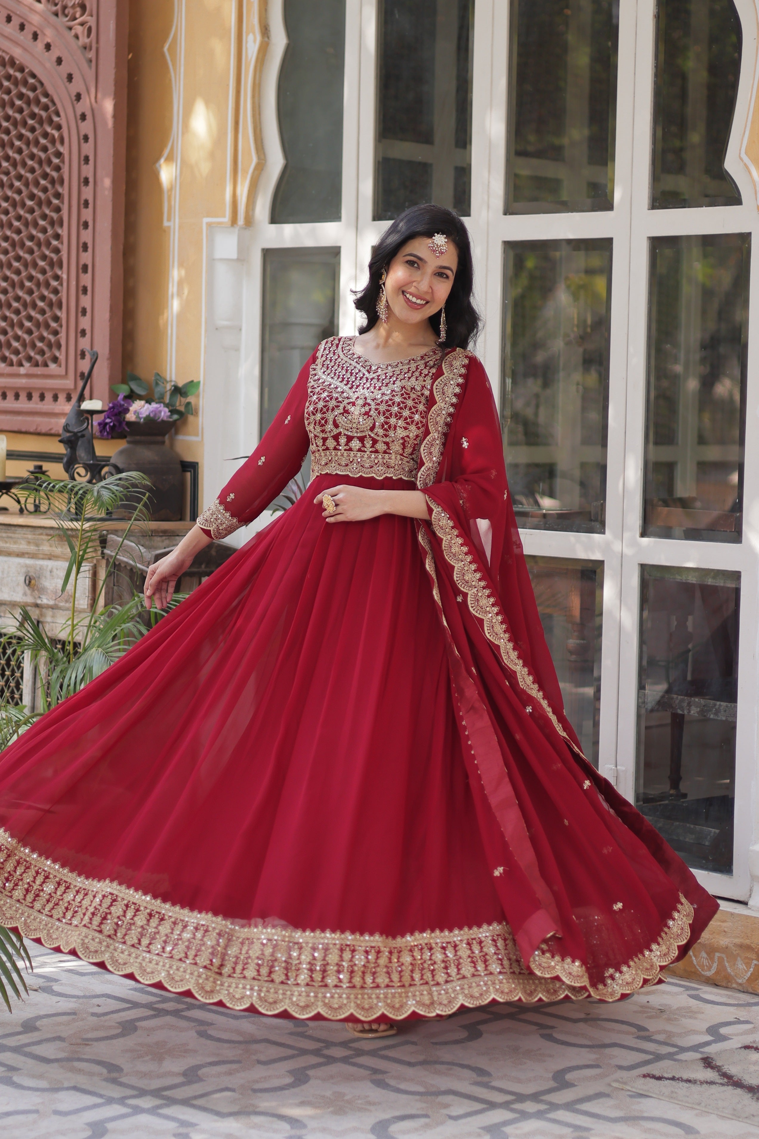 Sonakshi Women's Maroon Faux Blooming Sequins Zari Embroidered Long Anarkali Sets