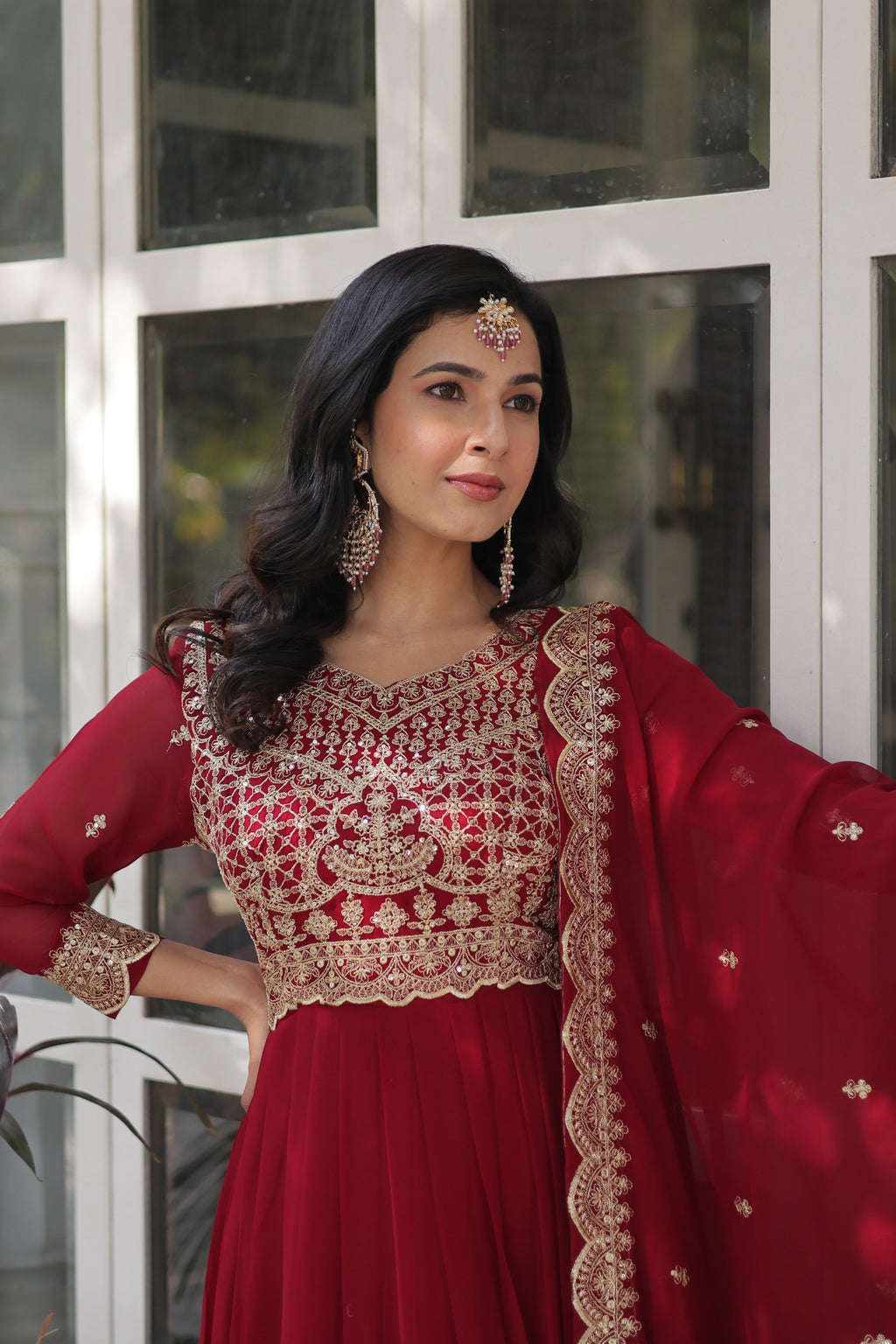 Sonakshi Women's Maroon Faux Blooming Sequins Zari Embroidered Long Anarkali Sets