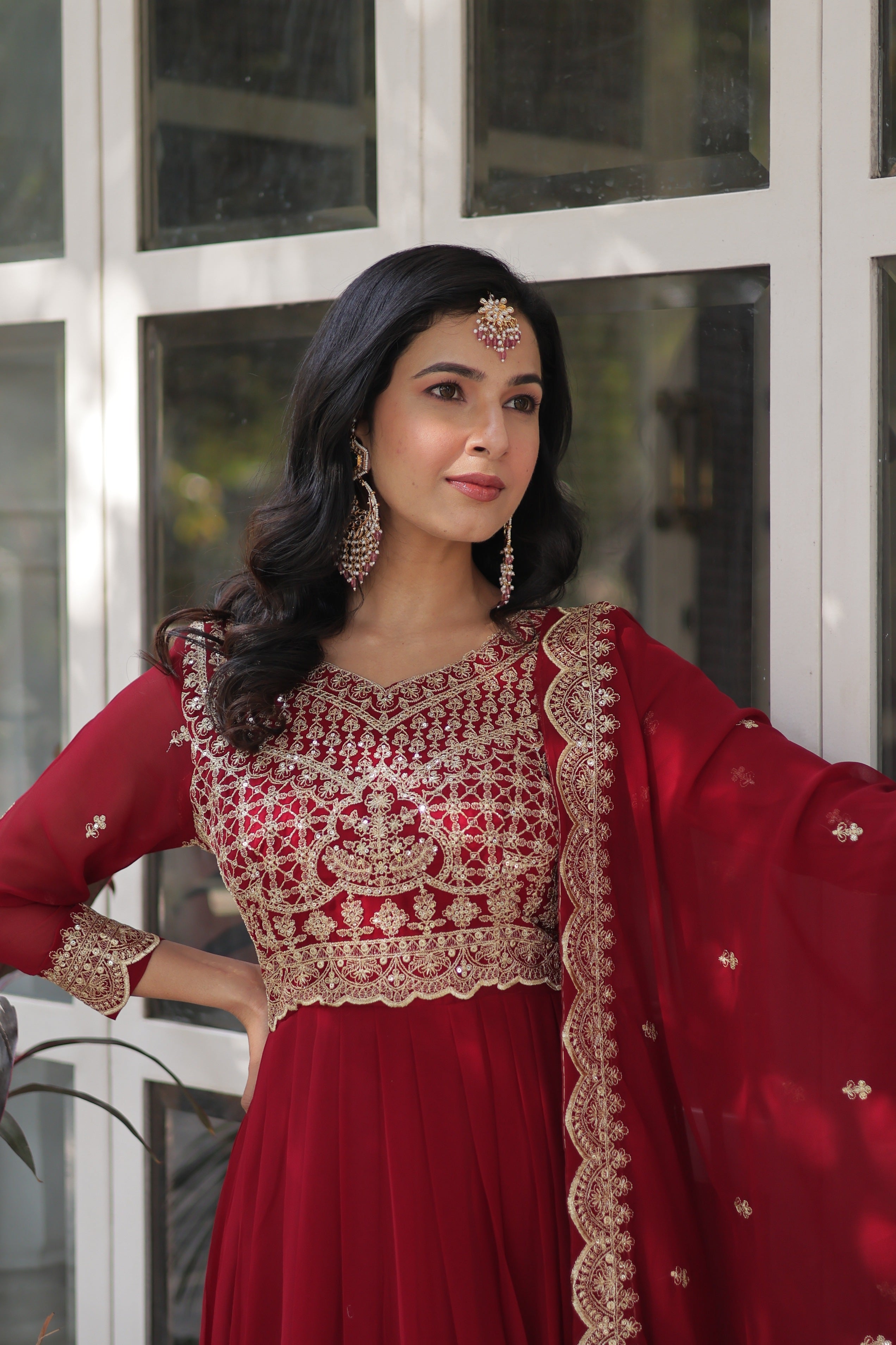 Sonakshi Women's Maroon Faux Blooming Sequins Zari Embroidered Long Anarkali Sets