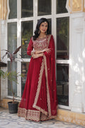 Sonakshi Women's Maroon Faux Blooming Sequins Zari Embroidered Long Anarkali Sets