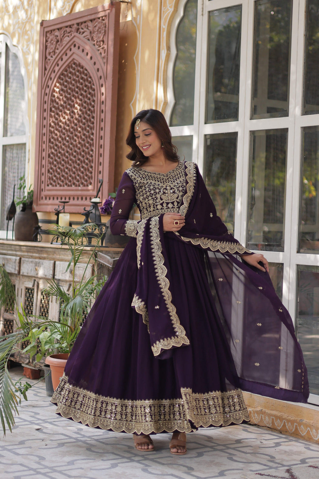 Sonakshi Women's Wine Faux Blooming Sequins Zari Embroidered Long Anarkali Sets