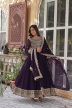 Sonakshi Women's Wine Faux Blooming Sequins Zari Embroidered Long Anarkali Sets