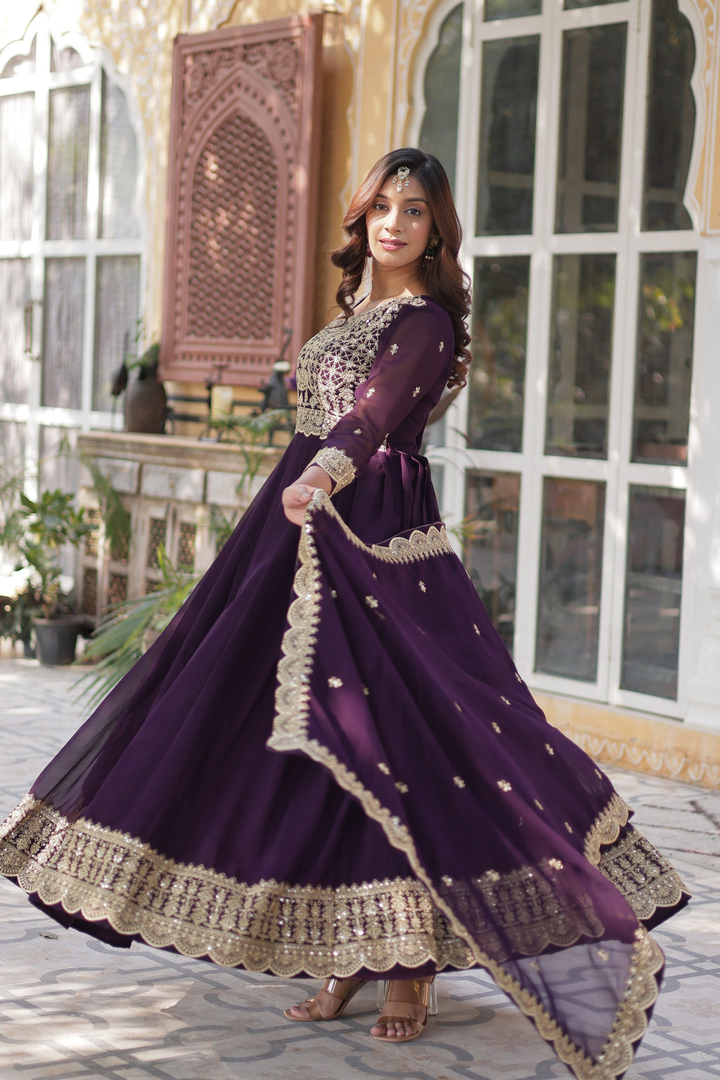 Sonakshi Women's Wine Faux Blooming Sequins Zari Embroidered Long Anarkali Sets
