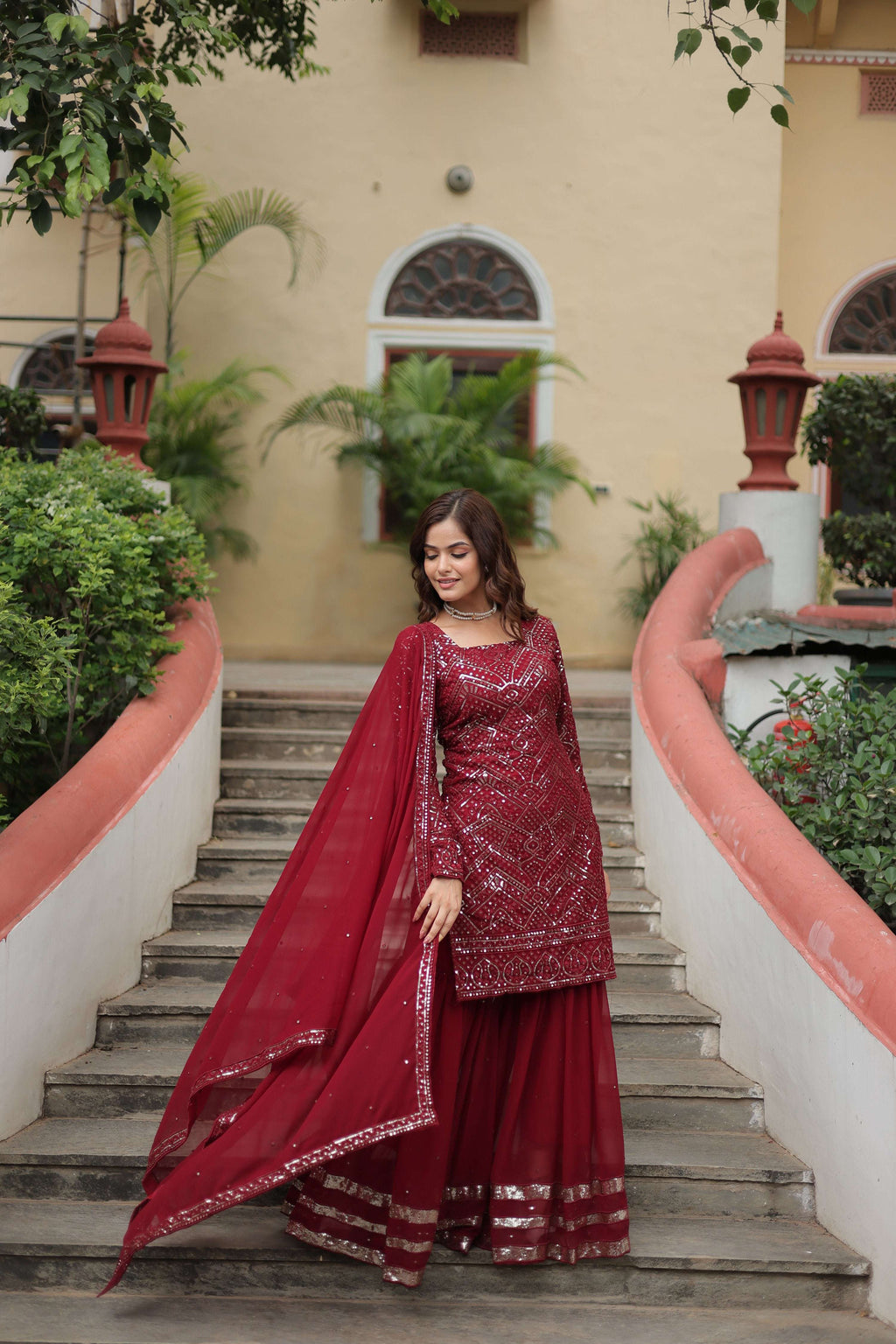 Sonakshi Women's Maroon Faux Georgette Sequins Thread Embroidered Kurta Set with Dupatta - Distacart