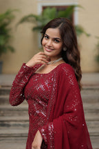 Sonakshi Women's Maroon Faux Georgette Sequins Thread Embroidered Kurta Set with Dupatta - Distacart