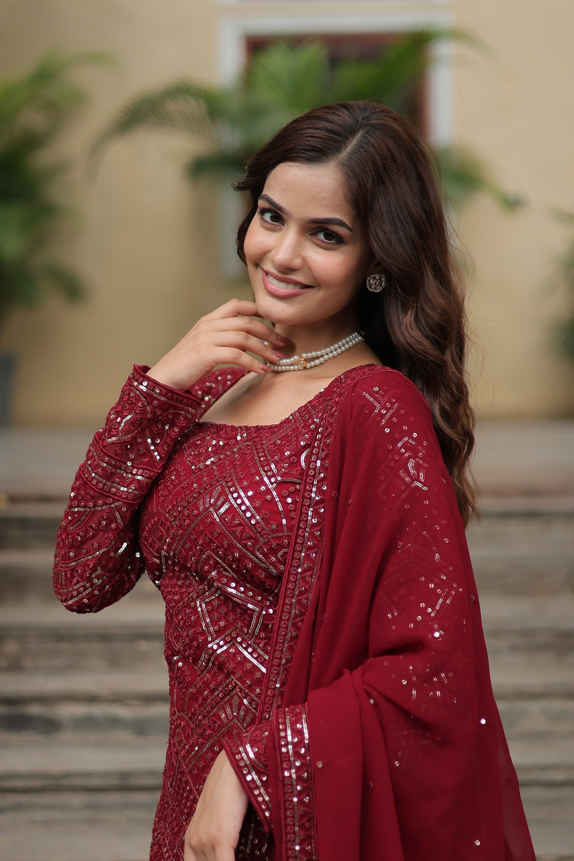 Sonakshi Women's Maroon Faux Georgette Sequins Thread Embroidered Kurta Set with Dupatta - Distacart
