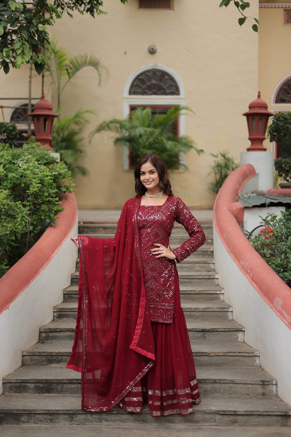 Sonakshi Women's Maroon Faux Georgette Sequins Thread Embroidered Kurta Set with Dupatta - Distacart