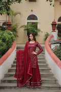 Sonakshi Women's Maroon Faux Georgette Sequins Thread Embroidered Kurta Set with Dupatta - Distacart