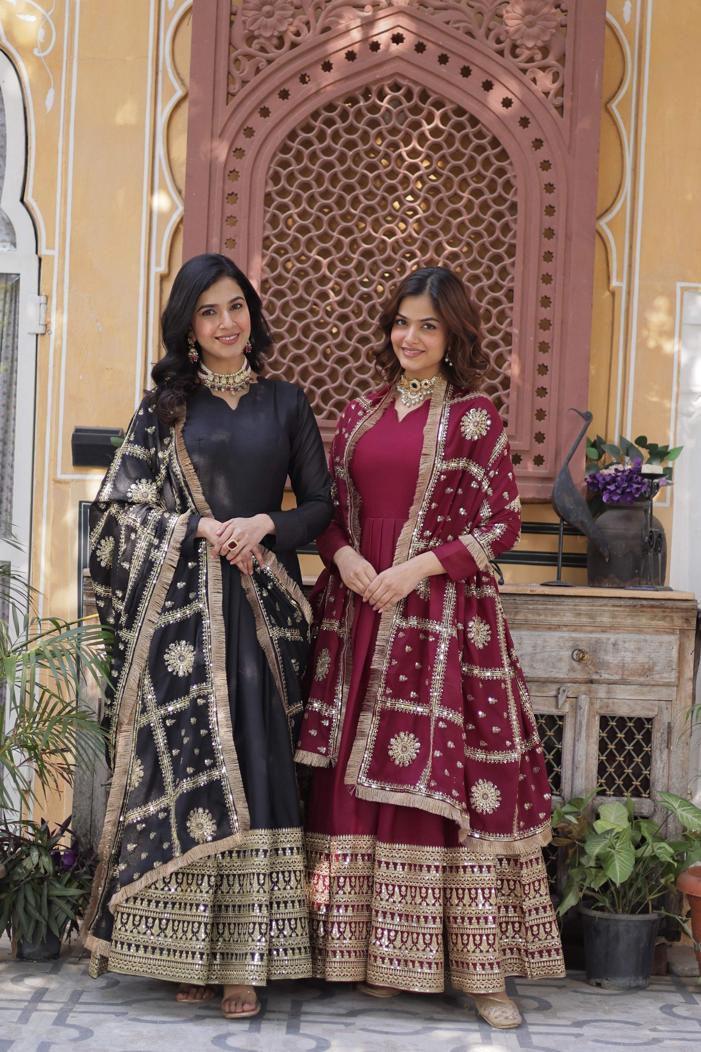 Sonakshi Women's Black & Maroon Georgette Sequins Zari Embroidered Combo Anarkali Sets - Distacart