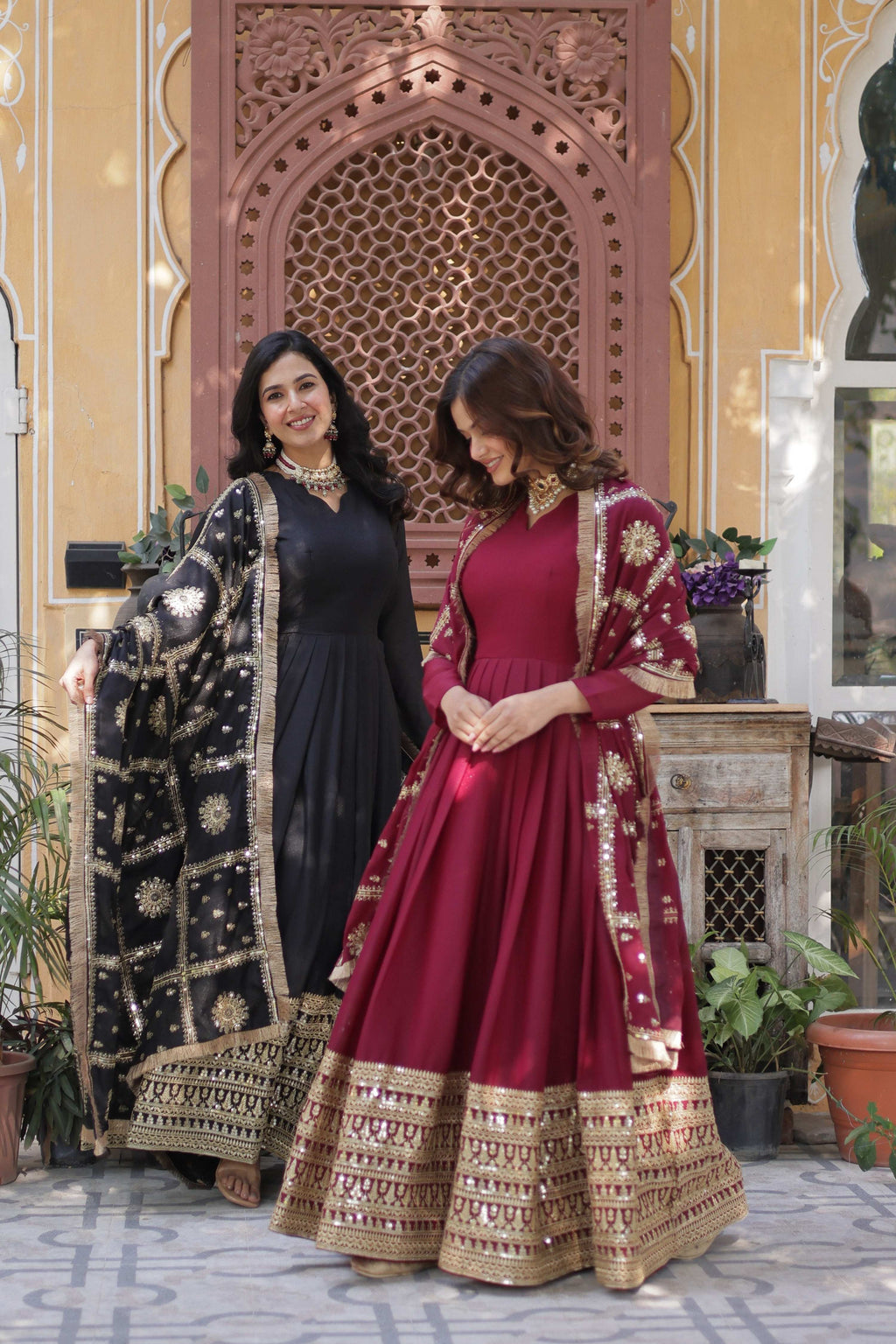 Sonakshi Women's Black & Maroon Georgette Sequins Zari Embroidered Combo Anarkali Sets - Distacart