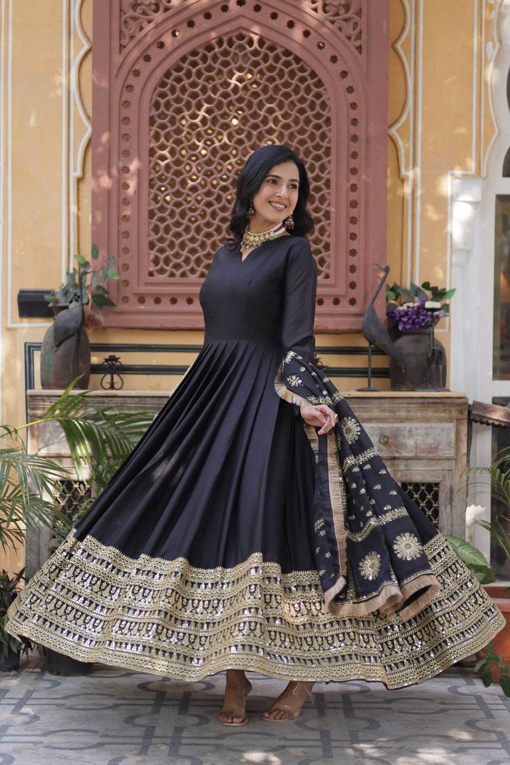Sonakshi Women's Black Georgette Sequins Zari Embroidered Long Anarkali Sets - Distacart