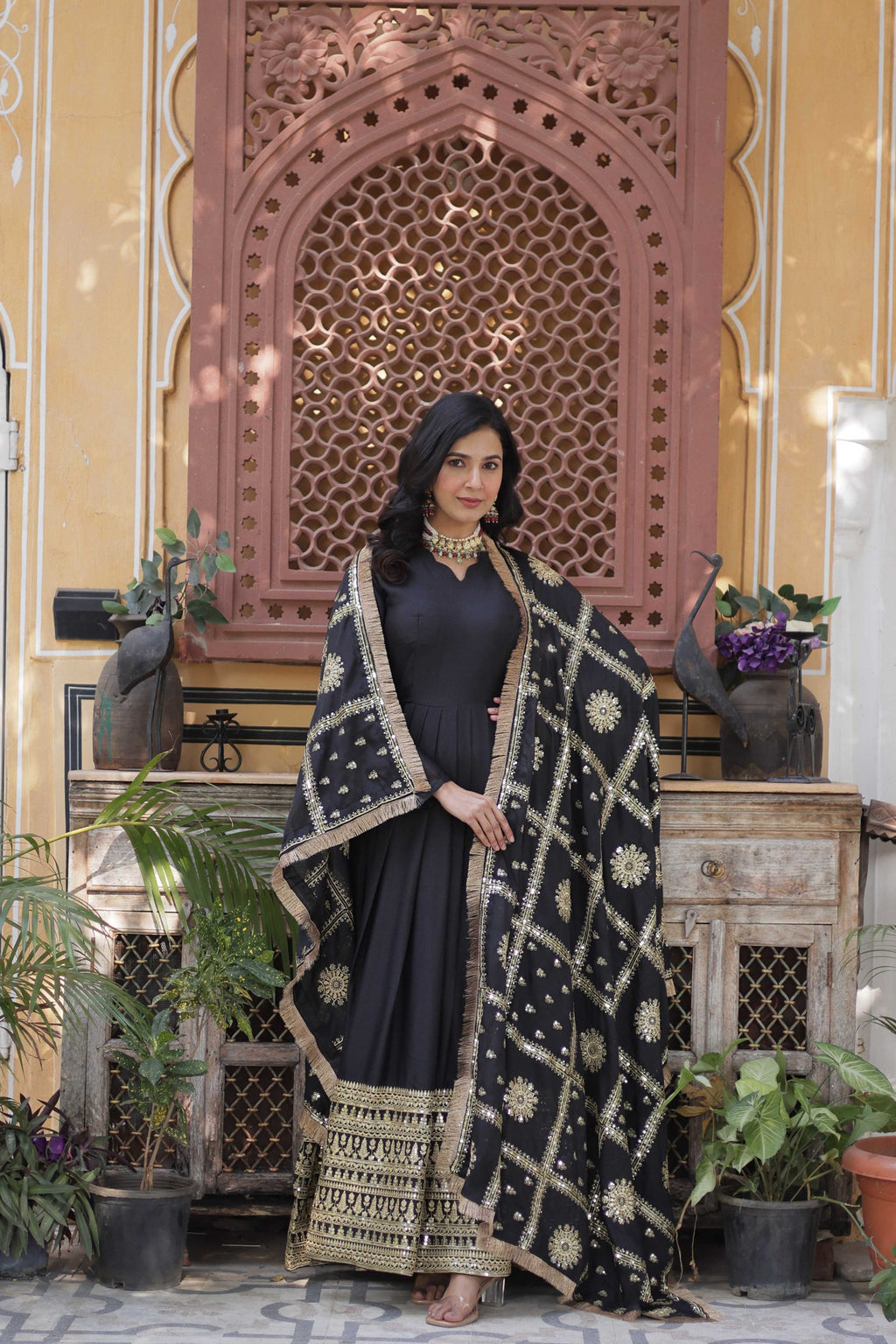 Sonakshi Women's Black Georgette Sequins Zari Embroidered Long Anarkali Sets - Distacart