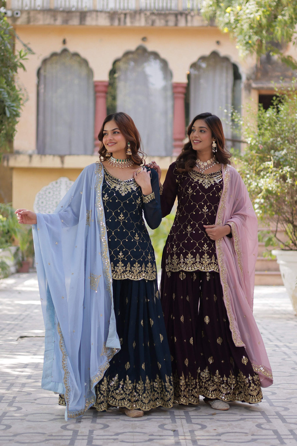 Sonakshi Women's Blue & Wine Faux Blooming Sequins Embroidered Combo Kurta Set with Dupatta - Distacart