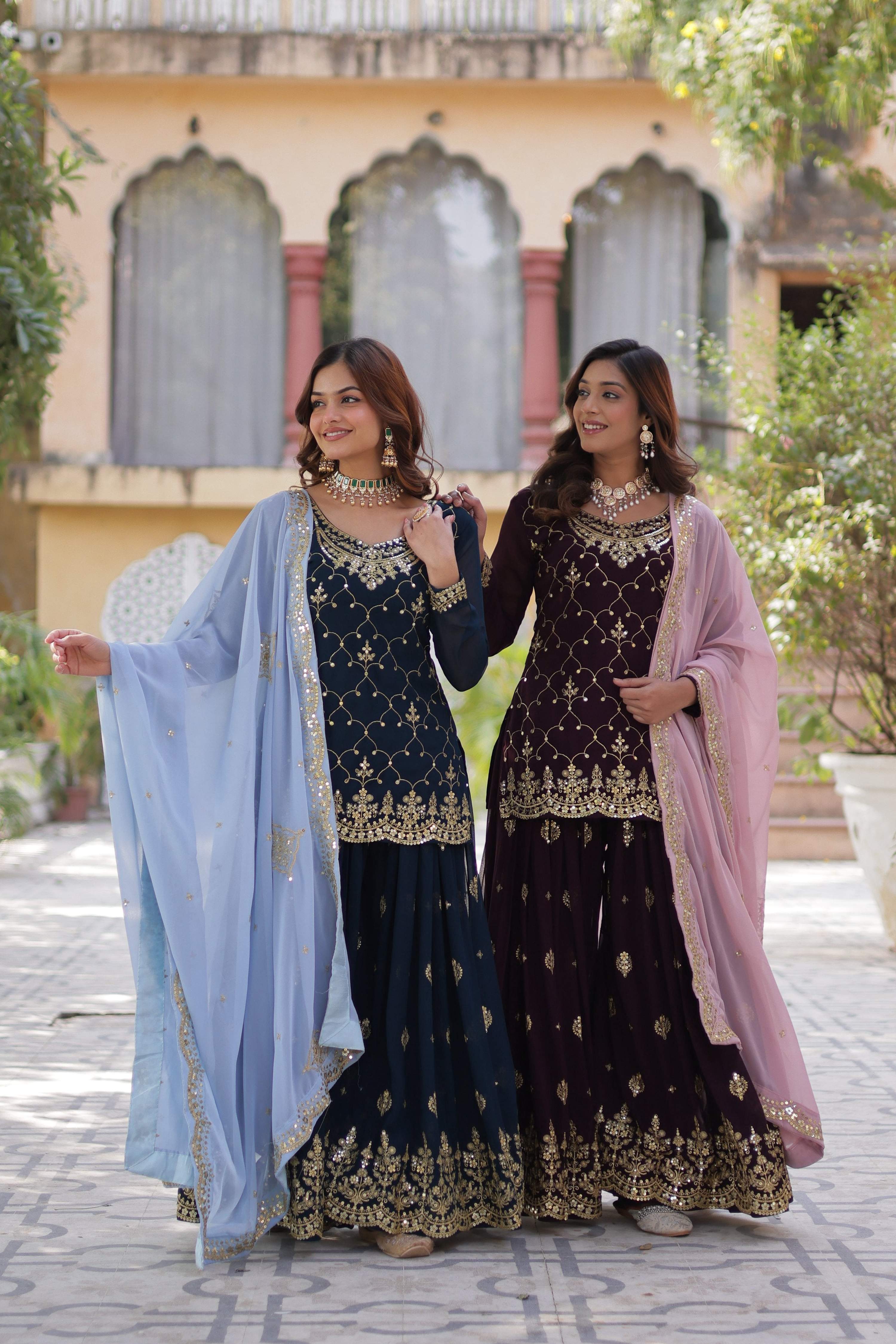 Sonakshi Women's Blue & Wine Faux Blooming Sequins Embroidered Combo Kurta Set with Dupatta - Distacart