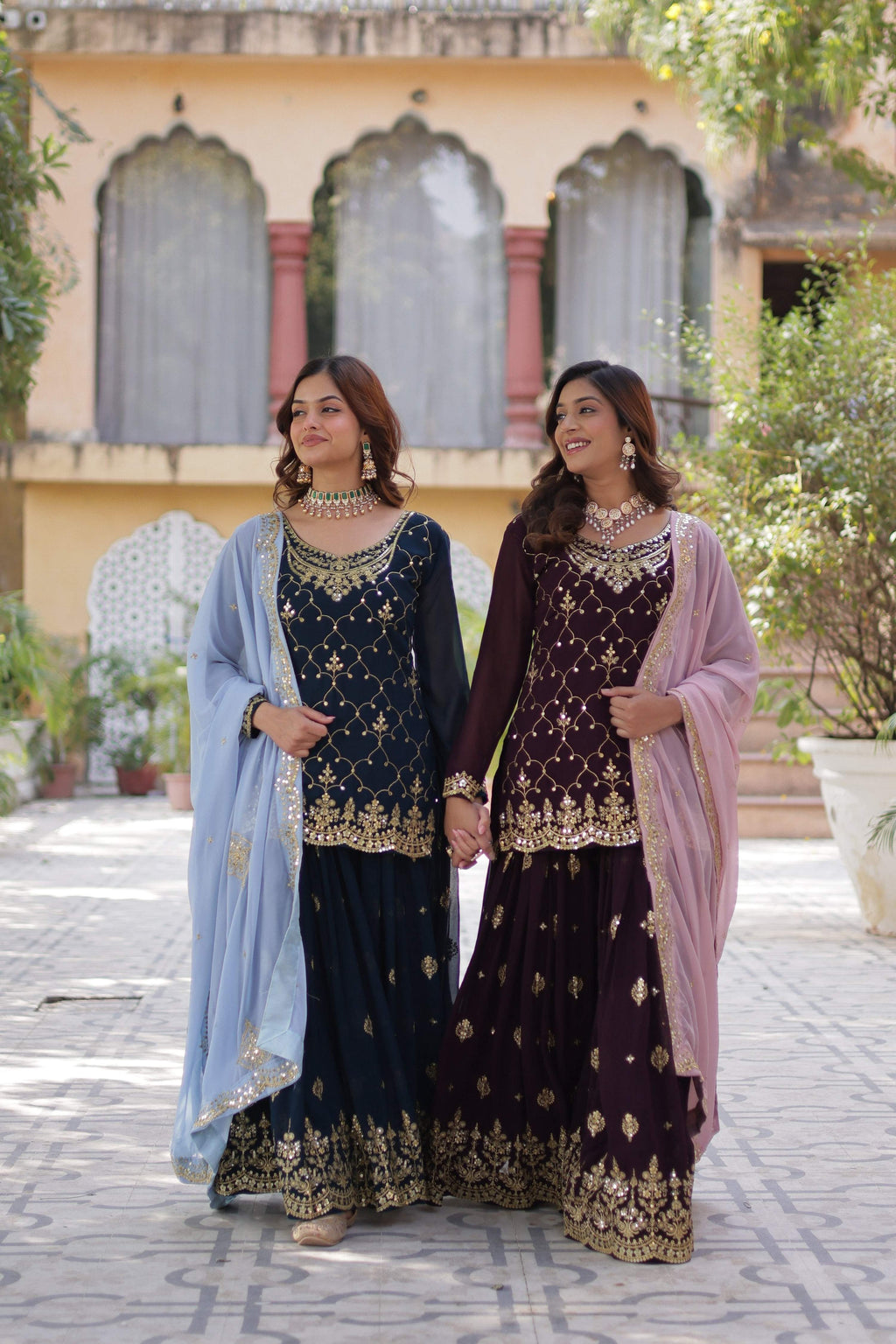 Sonakshi Women's Blue & Wine Faux Blooming Sequins Embroidered Combo Kurta Set with Dupatta - Distacart