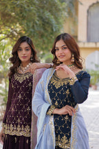 Sonakshi Women's Blue & Wine Faux Blooming Sequins Embroidered Combo Kurta Set with Dupatta - Distacart