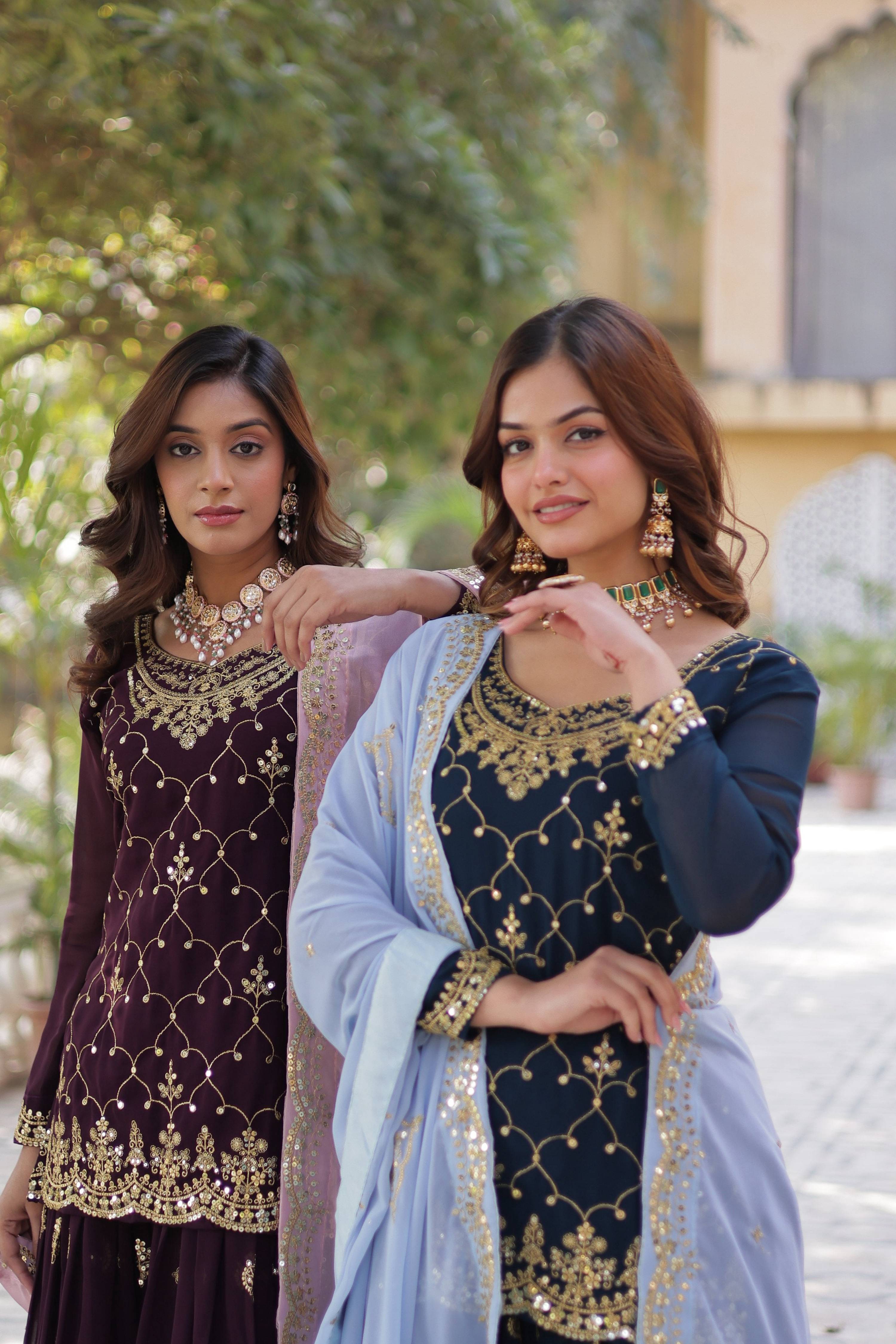 Sonakshi Women's Blue & Wine Faux Blooming Sequins Embroidered Combo Kurta Set with Dupatta - Distacart