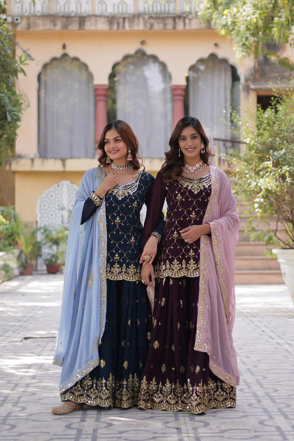 Sonakshi Women's Blue & Wine Faux Blooming Sequins Embroidered Combo Kurta Set with Dupatta - Distacart