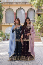Sonakshi Women's Blue & Wine Faux Blooming Sequins Embroidered Combo Kurta Set with Dupatta - Distacart
