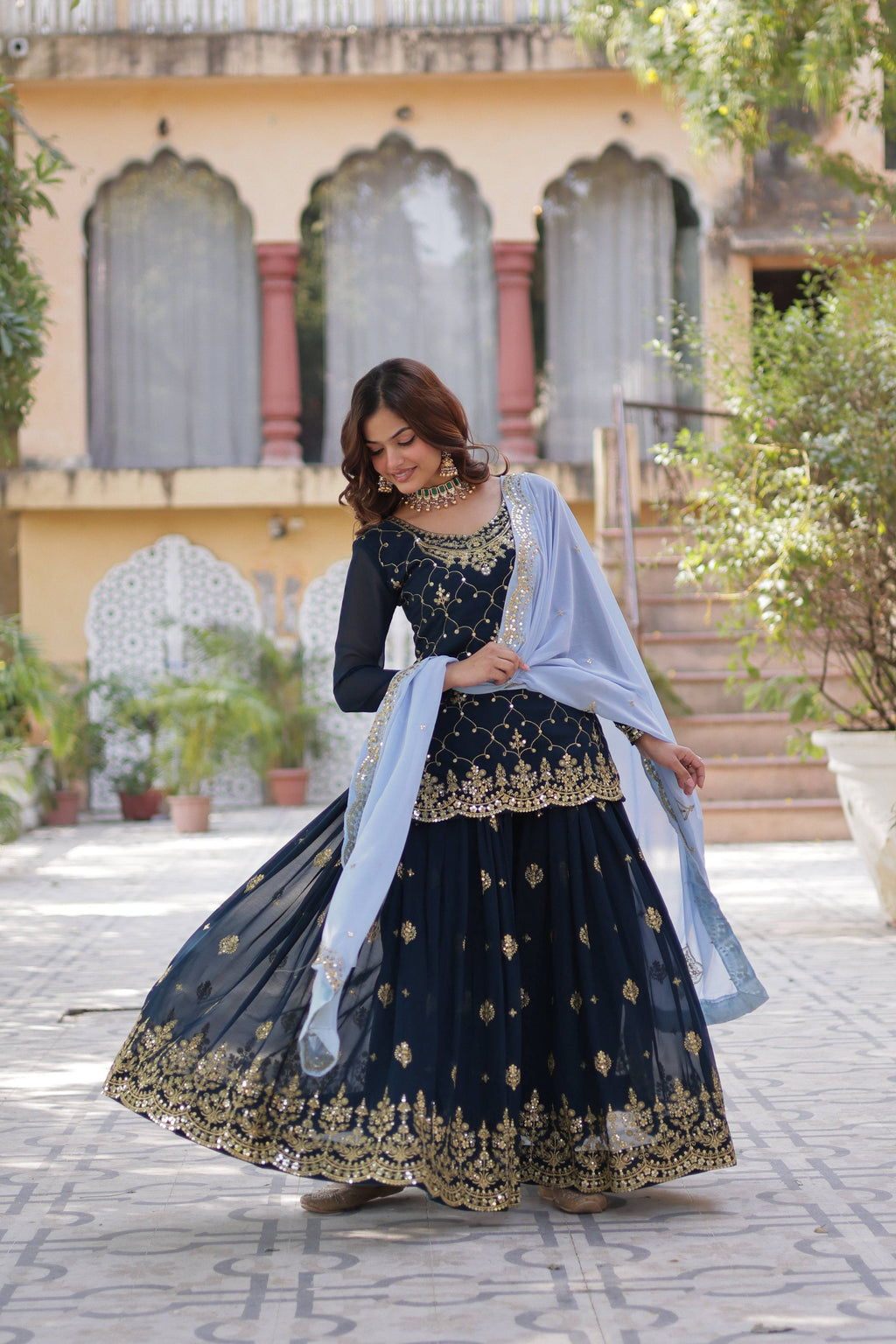Sonakshi Women's Blue Faux Blooming Sequins Embroidered Kurta Set with Dupatta - Distacart
