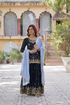 Sonakshi Women's Blue Faux Blooming Sequins Embroidered Kurta Set with Dupatta - Distacart