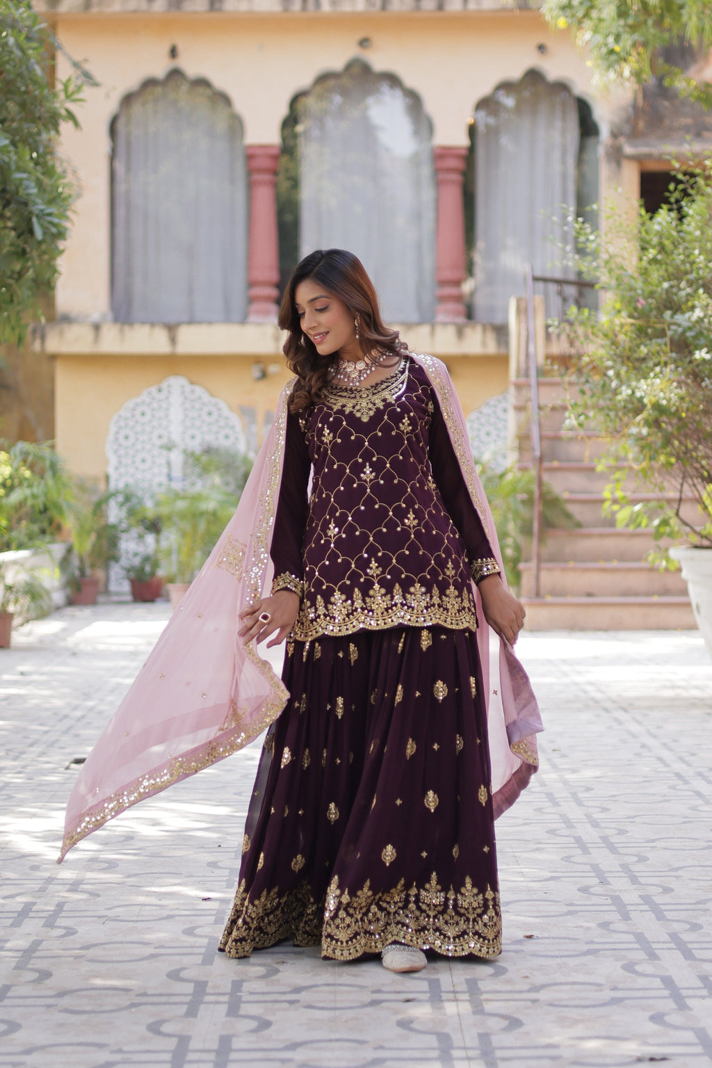 Sonakshi Women's Wine Faux Blooming Sequins Embroidered Kurta Set with Dupatta - Distacart